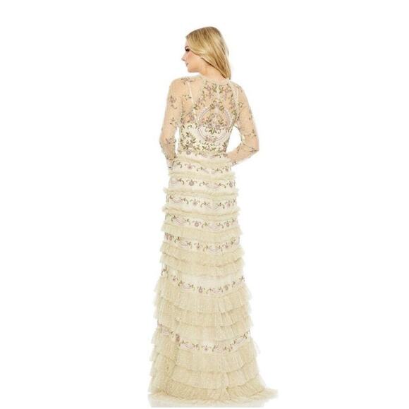 Mac Duggal 8030 NWT Polka Dot Long Sleeve Floral Ruffle Tiered Maxi Dress Size 8 - Picture 4 of 10